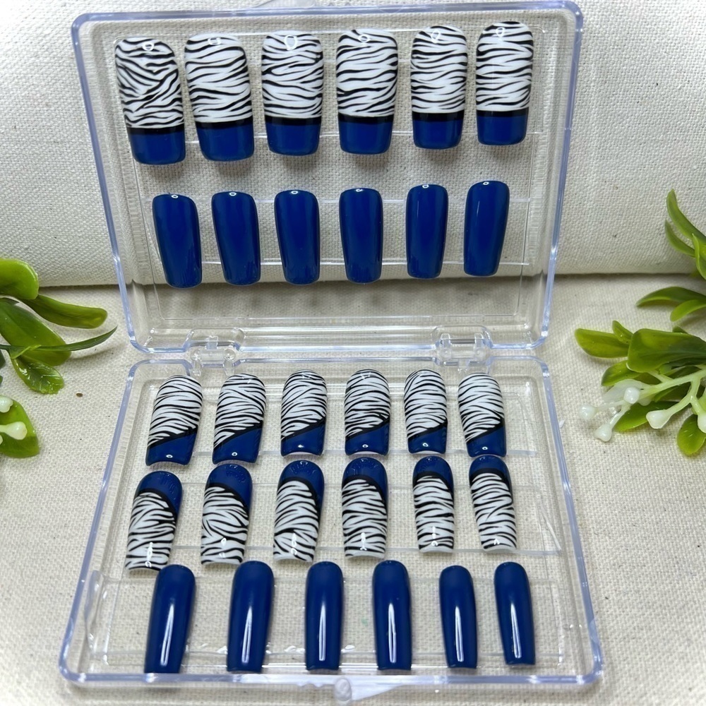Long square dark blue with zebra print press on nails set of 30